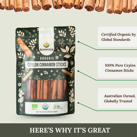 Australian Certified Organic Ceylon Cinnamon Sticks - Whole Form, Sweet Aroma