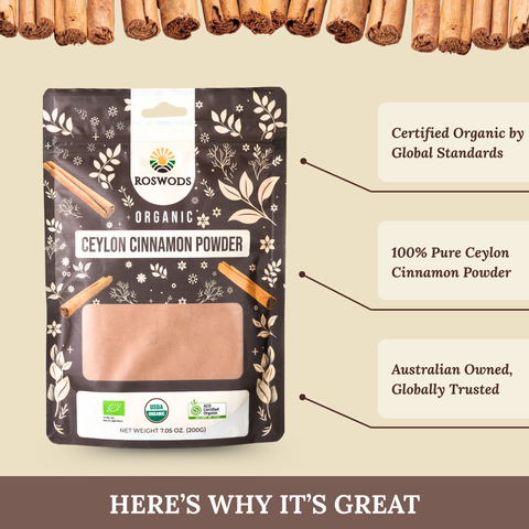 Australian Certified Organic Ceylon Cinnamon Powder - Fresh Ground, Sweet Aroma